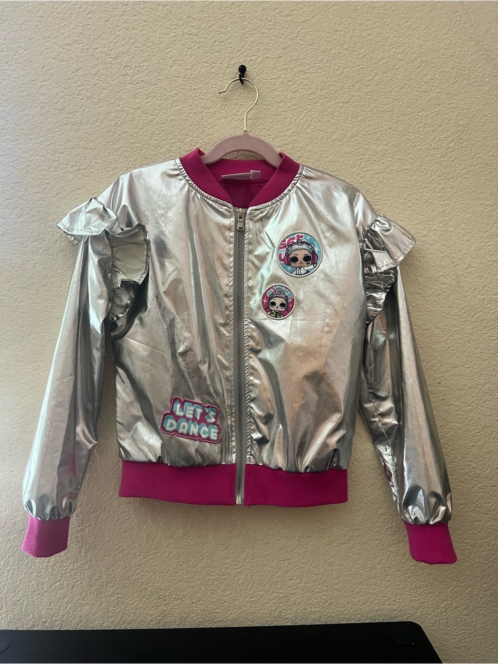 L.O.L. Surprise! Metallic Silver Bomber Jacket with Pink Trim
